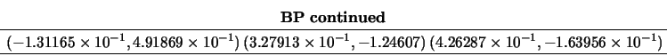 \begin{displaymath}
\begin{array}{cc} {\bf BP\ continued} \\
\begin{array}{c@{...
..., -1.63956 \times 10^{-1}) \\
\hline \end{array} \end{array}
\end{displaymath}