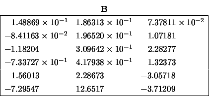 \begin{displaymath}
\begin{array}{cc} {\bf B} \\
\begin{array}{\vert lll\vert...
....29547 & 12.6517 & -3.71209 \\
\hline \end{array} \end{array}\end{displaymath}