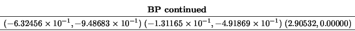 \begin{displaymath}
\begin{array}{cc} {\bf BP\ continued} \\
\begin{array}{c@{\...
...^{-1}) &
(2.90532,0.00000) \\
\hline \end{array} \end{array}\end{displaymath}